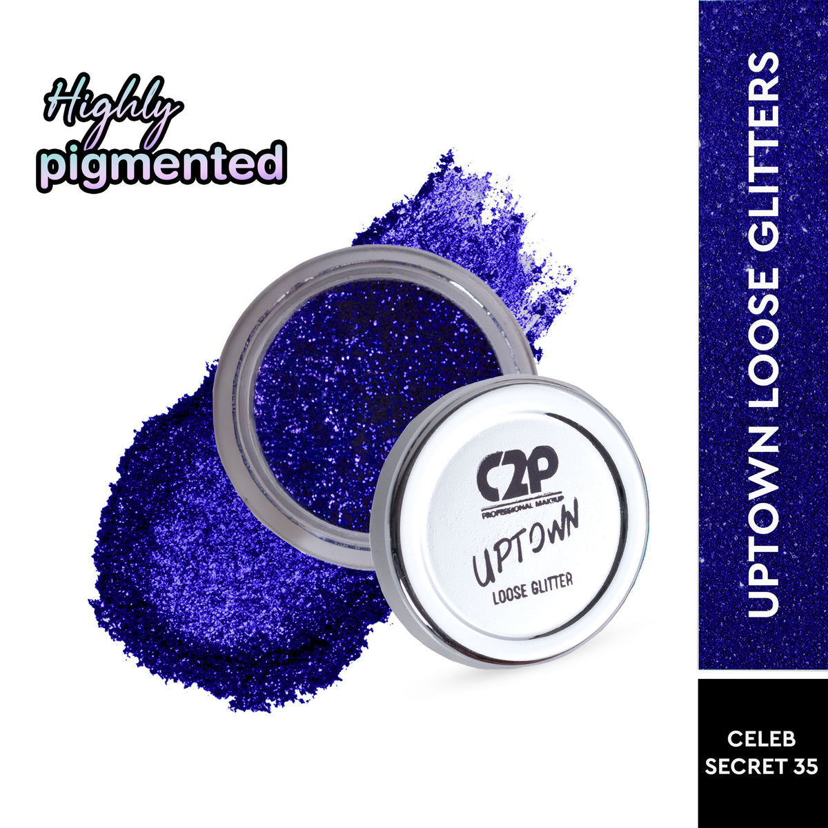 C2P Pro Celeb Secret 35 loose glitter eyeshadow powder with highly pigmented, sparkly eye makeup in a vibrant color.