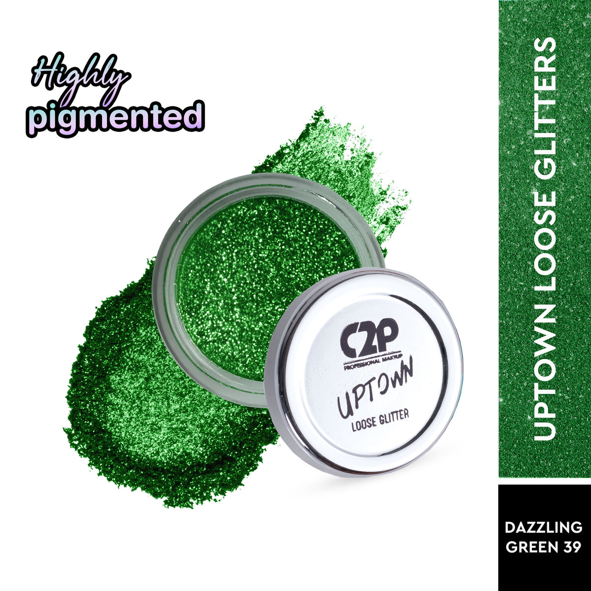 C2P Pro Uptown Loose Glitter in Dazzling Green, highly pigmented eyeshadow powder with shimmering finish for eye makeup.