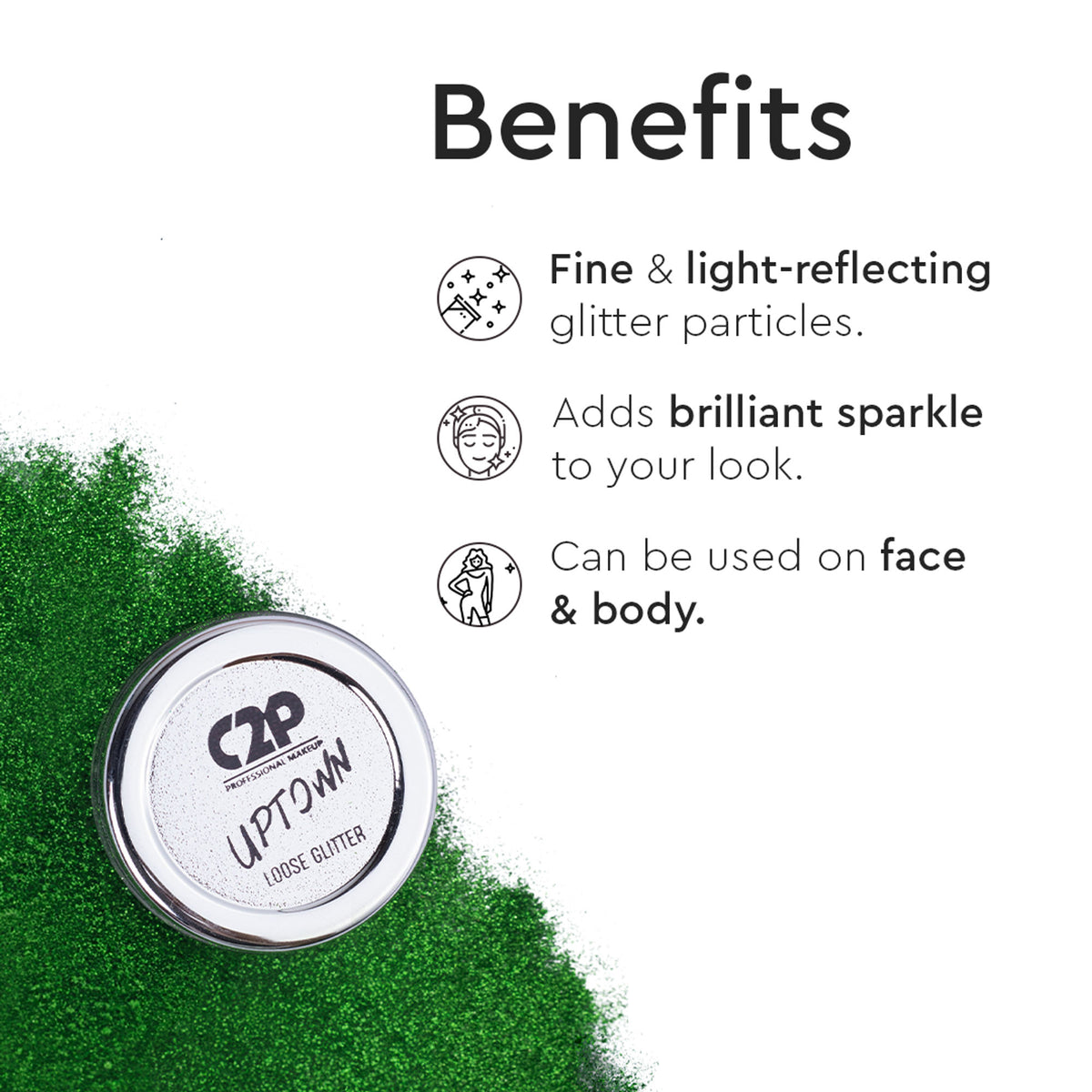 C2P Pro Uptown Loose Glitter in Dazzling Green, highly pigmented eye makeup eyeshadow powder, shown in a close-up image.