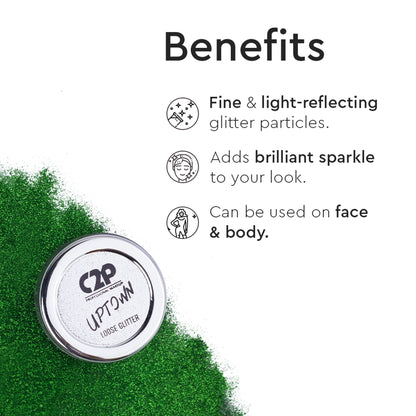 C2P Pro Uptown Loose Glitter in Dazzling Green, highly pigmented eye makeup eyeshadow powder, shown in a close-up image.