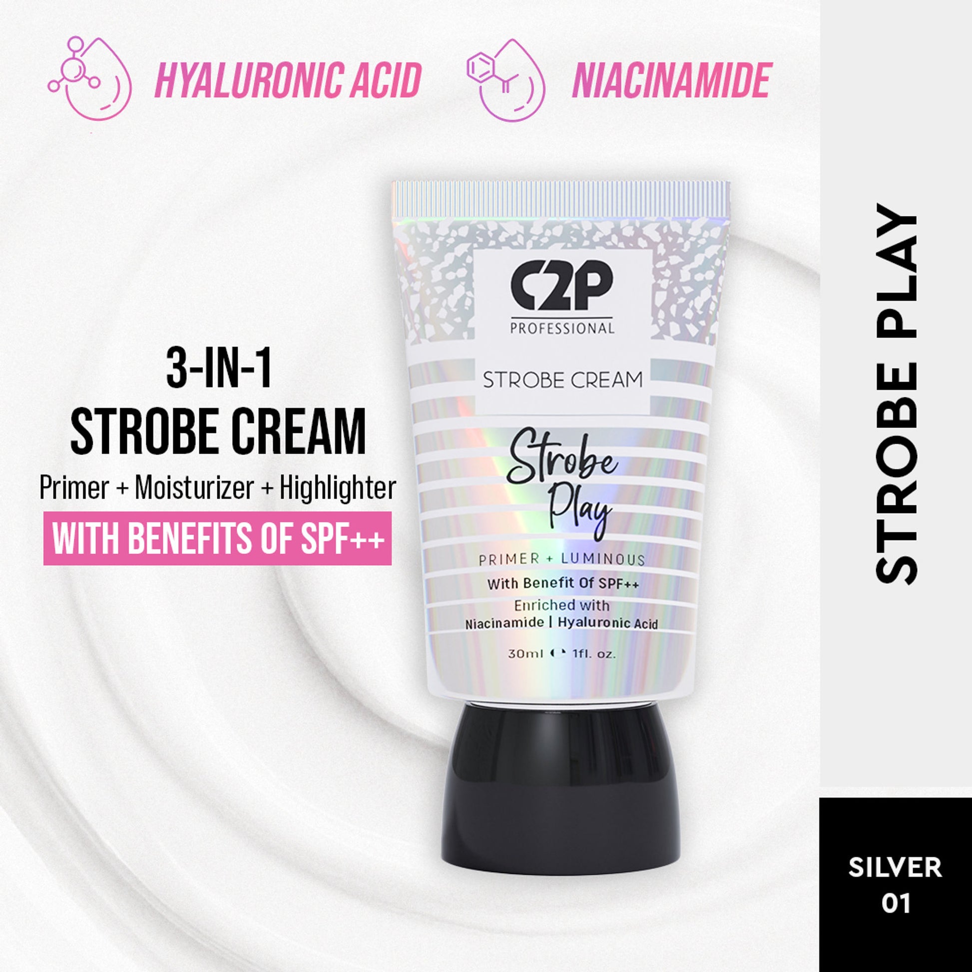 C2P Pro Strobe Cream for Face Glow 3 in 1 Formula Moisturizer Highlighter Primer SPF++ - Silver 01