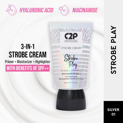 C2P Pro Strobe Cream for Face Glow 3 in 1 Formula Moisturizer Highlighter Primer SPF++ - Silver 01