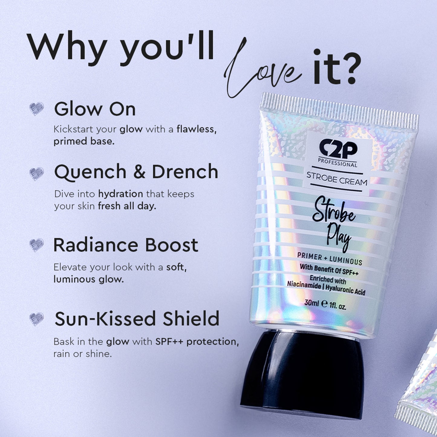 C2P Pro Strobe Cream for Face Glow 3 in 1 Formula Moisturizer Highlighter Primer SPF++ - Silver 01