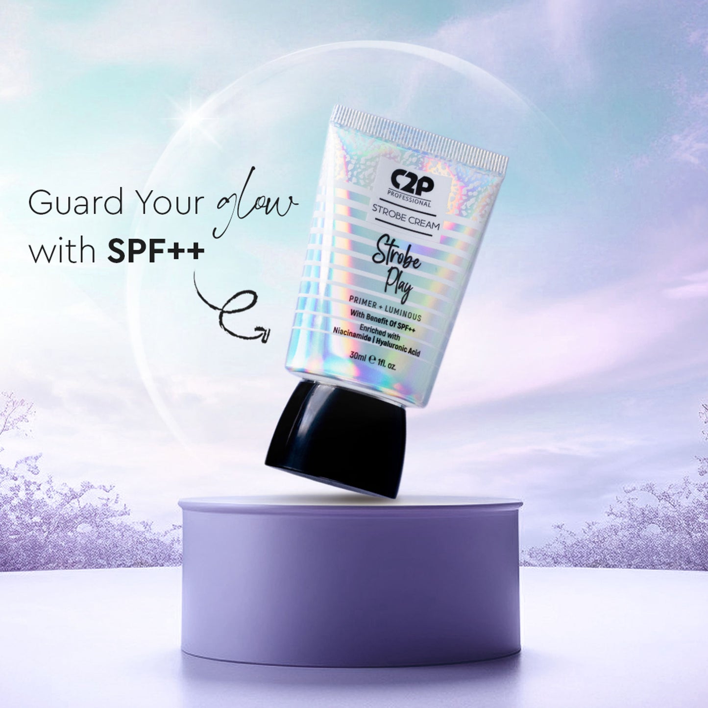 C2P Pro Strobe Cream for Face Glow 3 in 1 Formula Moisturizer Highlighter Primer SPF++ - Silver 01
