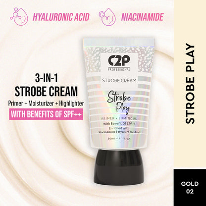C2P Pro Strobe Cream for Face Glow 3 in 1 Formula Moisturizer Highlighter Primer SPF++ - Gold 02