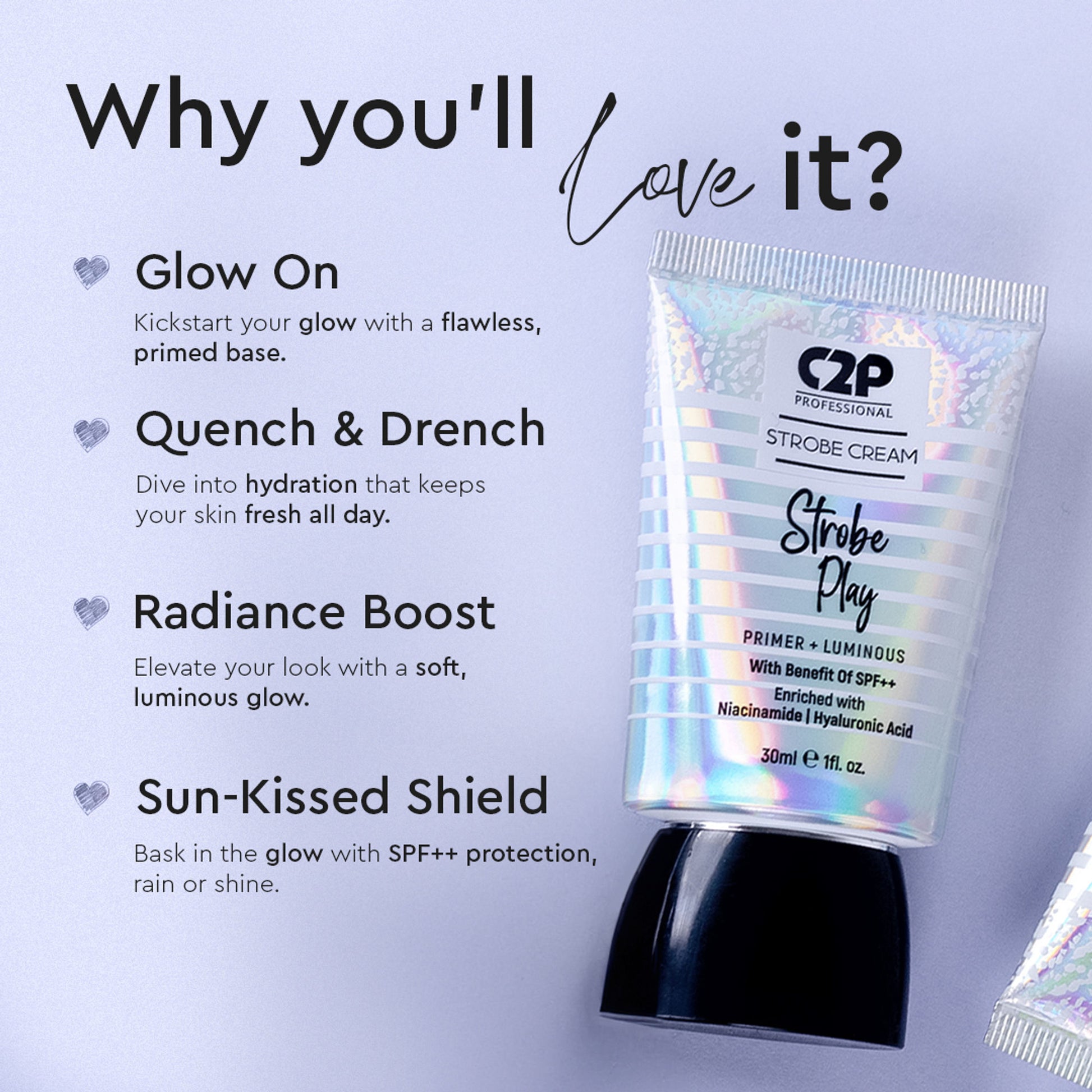 C2P Pro Strobe Cream for Face Glow 3 in 1 Formula Moisturizer Highlighter Primer SPF++ - Gold 02