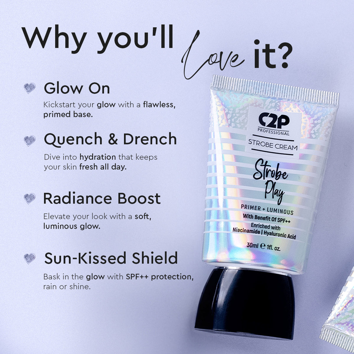 C2P Pro C2P Pro Strobe Cream for Face Glow in Rose Gold, a 3-in-1 moisturizer, highlighter, and primer with SPF++