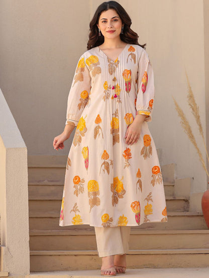 Dhiyona IE Printed Pure Cotton A-line Tunic & Trousers Co-Ord Set