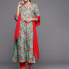 Indyancart VA Women's Blue & Pink Kalamkari Printed Anarkali Kurta with Trousers & Dupatta