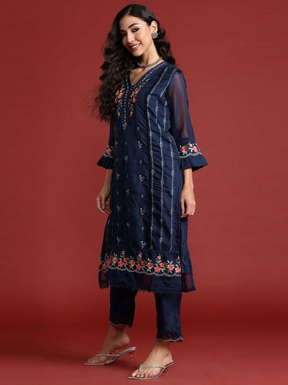 Indyancart IE Women Floral Embroidered Panelled Thread Work Kurta with Trousers & With Dupatta