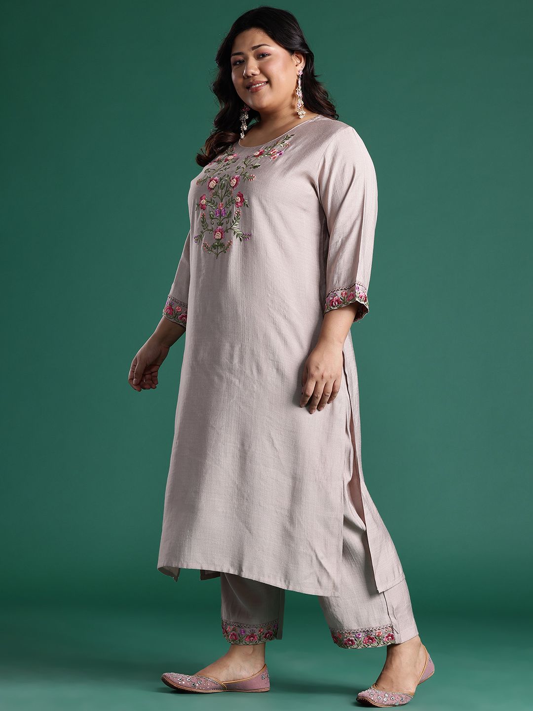 Indyancart Women's Floral Embroidered Regular Thread Work Round Neck Kurta with Trousers & Dupatta