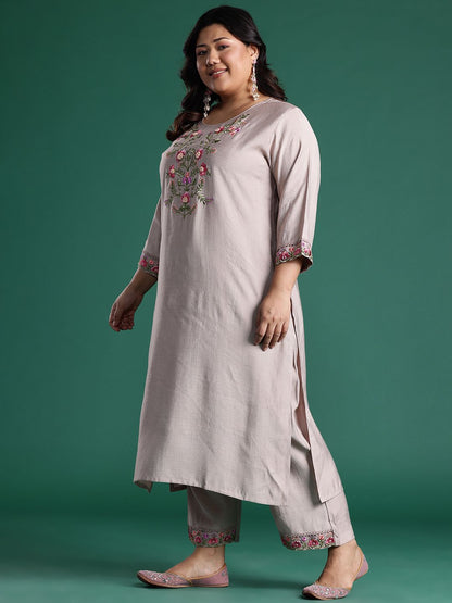 Indyancart Women's Floral Embroidered Regular Thread Work Round Neck Kurta with Trousers & Dupatta