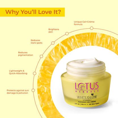 Lotus Herbals Whiteglow Vitamin C Radiance Gel Face Cream SPF 20, Reduces Dark Spots & Paraben-Free