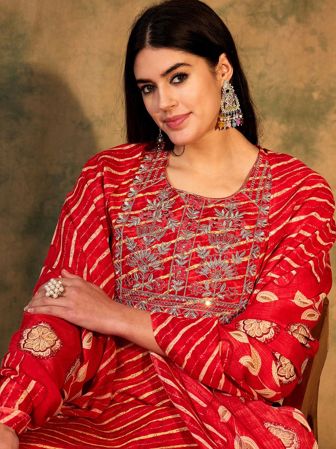 Indyancart IE Leheriya Printed Pure Cotton Kurta With Trousers & Dupatta