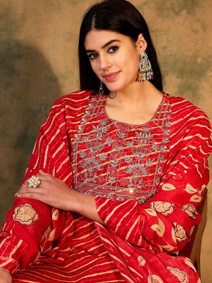 Indyancart IE Leheriya Printed Pure Cotton Kurta With Trousers & Dupatta