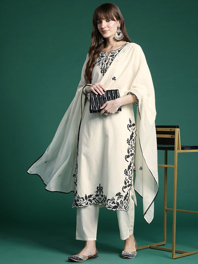 Indyancart IE Ethnic Motifs Embroidered Regular Pure Cotton Kurta with Trousers & Dupatta