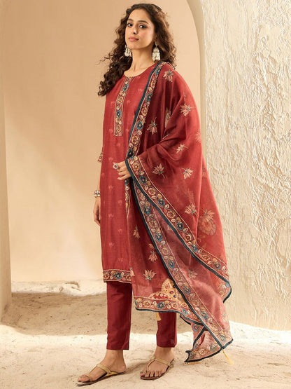 Indyancart IE Women Embroidered Regular Thread Work Chanderi Silk Kurta Trousers Dupatta