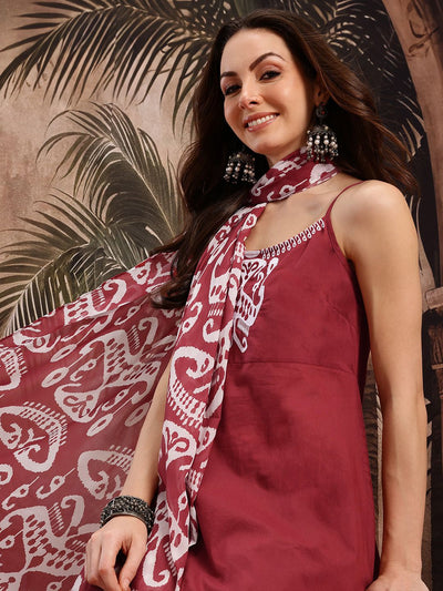 Indyancart SN Women's Ethnic Motifs Print Strappy Pure Cotton Kurta with Sharara & Dupatta
