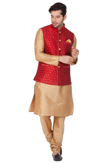 Men's Gold Silk Blend Straight Jacket  Kurta and Pyjama Set