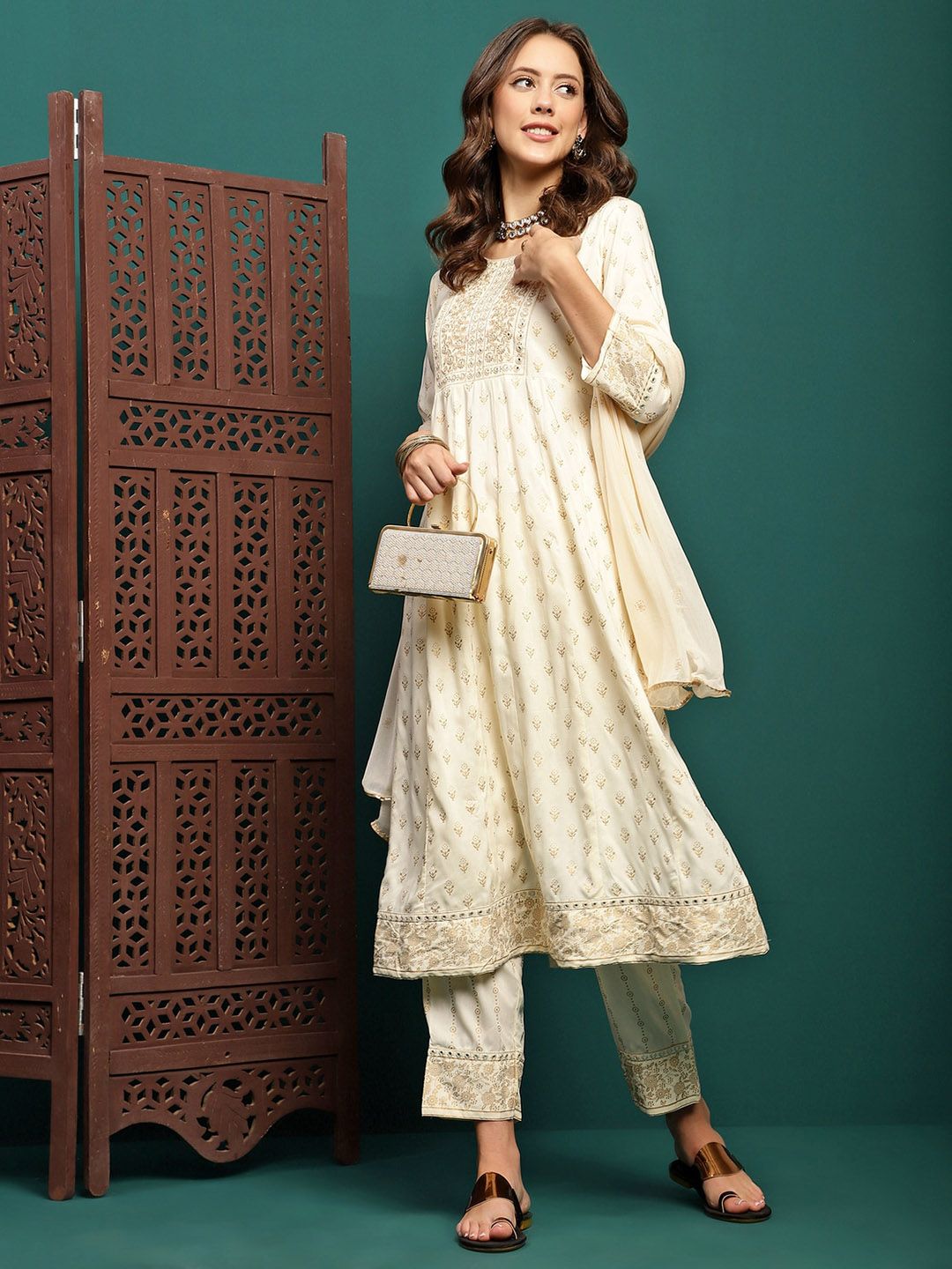 Indyancart SN Women's Printed & Embroidered Anarkali Kurta With Trouser & Dupatta Set