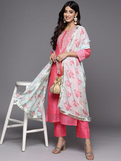 Indyancart VA Women'sPink & Green Yoke Design Chanderi Silk Kurta with Trousers & With Dupatta