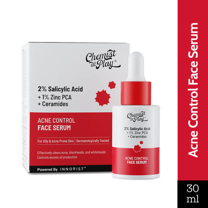 Chemist at Play 2% Salicylic Acid face serum bottle with dropper, designed to treat active acne and control excess oil.