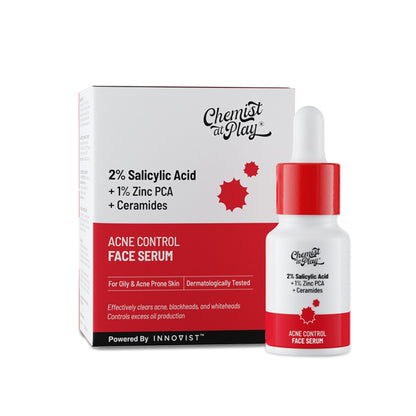 Chemist at Play 2% Salicylic Acid face serum for acne and oil control, with a dropper applicator and clear liquid formula.