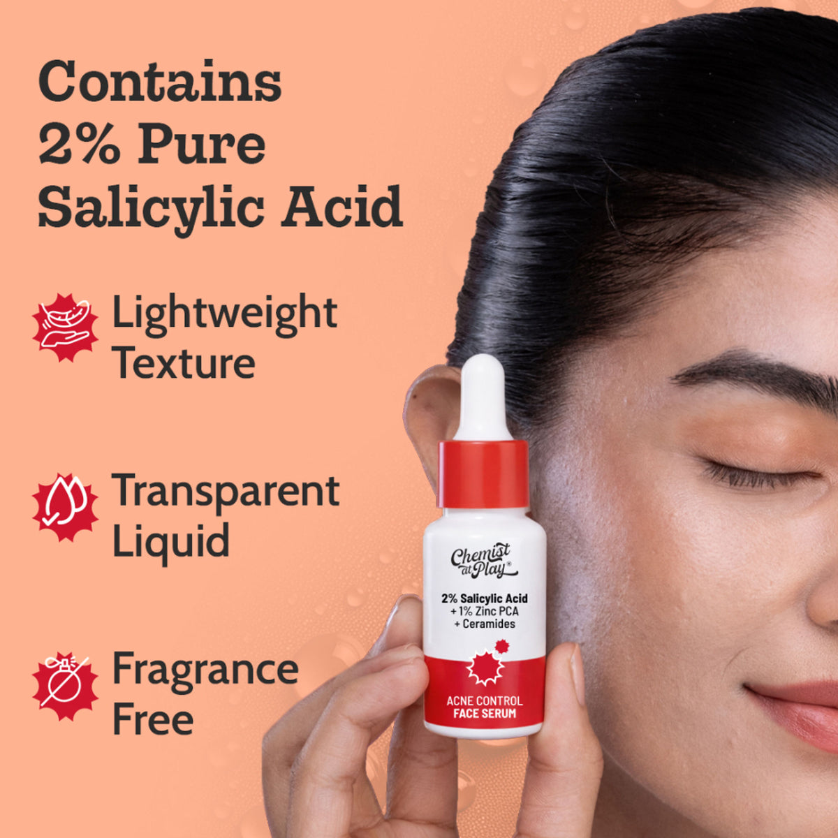Chemist at Play 2% Salicylic Acid face serum for acne treatment and oil control, shown in a clear bottle with dropper applicator.