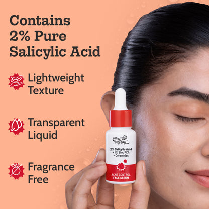 Chemist at Play 2% Salicylic Acid face serum for acne treatment and oil control, shown in a clear bottle with dropper applicator.