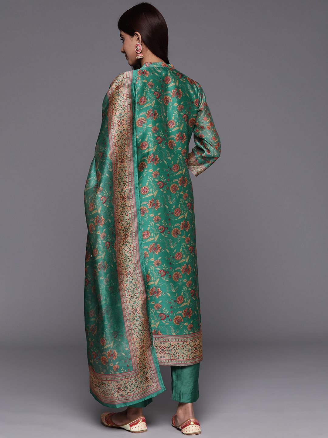Indyancart VA Women's Floral Printed Regular Chanderi Silk Kurta with Trousers & Dupatta