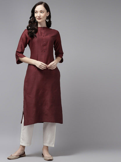 Indyancart IE Women Maroon Striped Straight Kurta