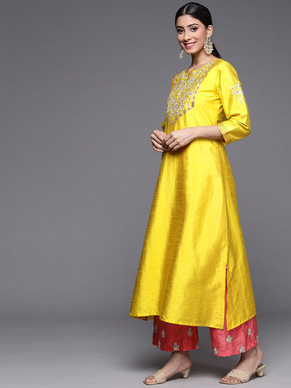 Indyancart VA Women's Mustard Yellow Floral Embroidered Kurta with Trousers & Dupatta