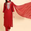 Dhiyona VA Women'sRed Ethnic Motifs Yoke Design Thread Work Kurta Wth Trousers & Dupatta