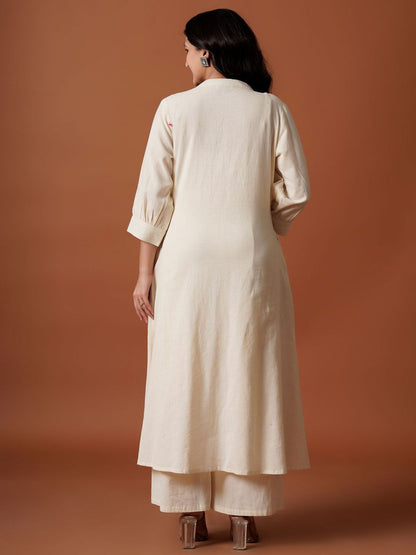 Indyancart IE Embroidered Mandarin Collar Pure Cotton A-Line Top With Trousers