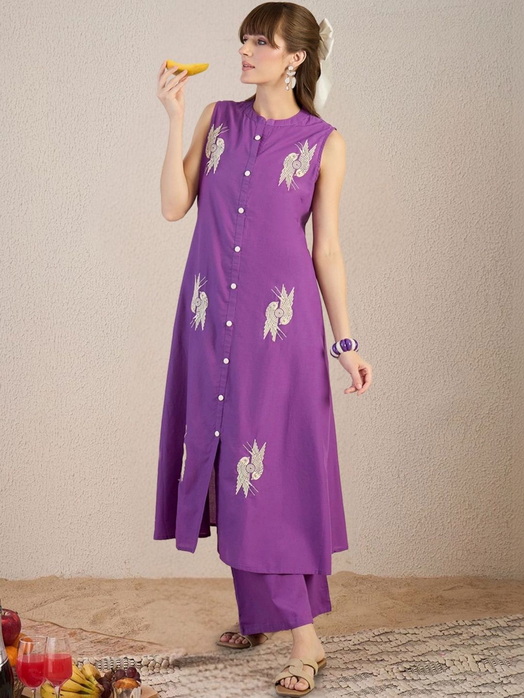 Women Ethnic Motifs Embroidered Regular Thread Work Pure Cotton Kurta with Palazzos