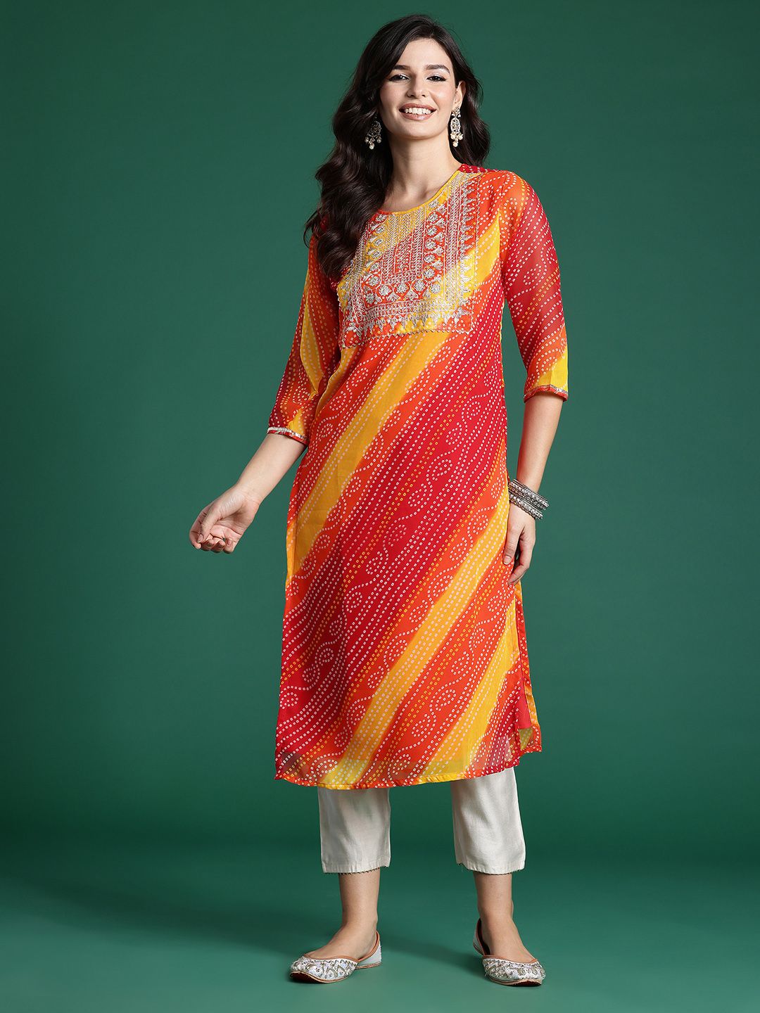 Indyancart IE Bandhani Printed Zari Georgette Kurta