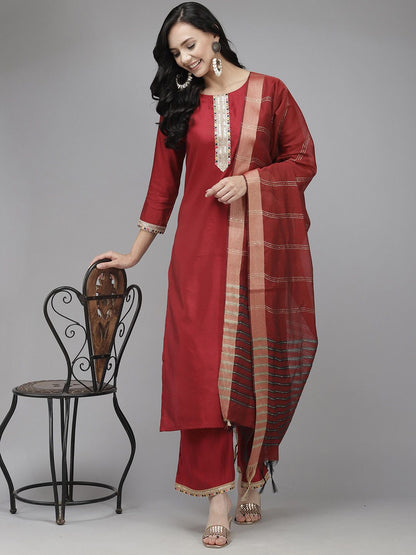 Indyancart IE Women Round Neck Liva Kurta & Palazzos With Dupatta