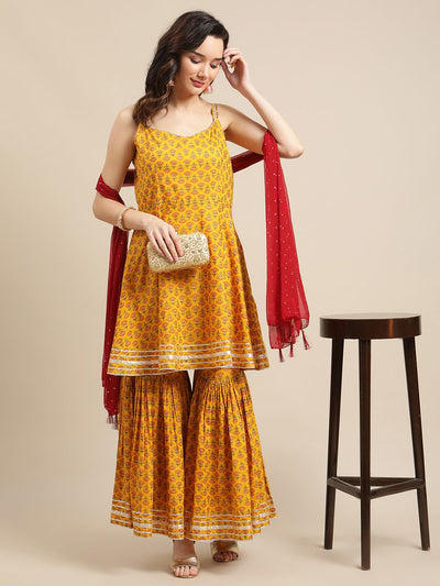 Indyancart VA Women'sFloral Pure Cotton Short Kurti with Sharara