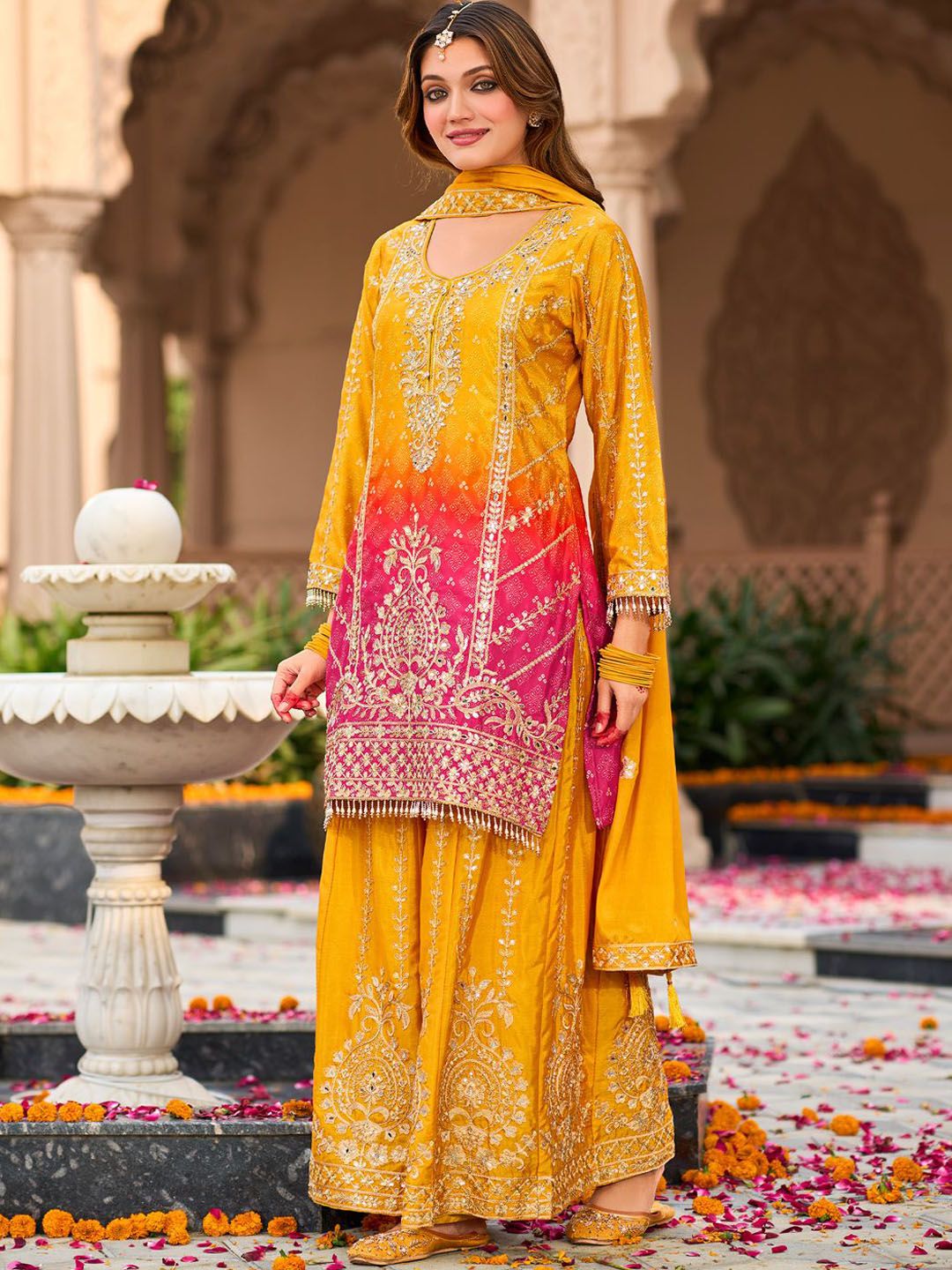 Indyancart IE Floral Embroidered Zari Straight Kurta With Palazzos And Dupatta