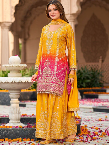 Indyancart IE Floral Embroidered Zari Straight Kurta With Palazzos And Dupatta