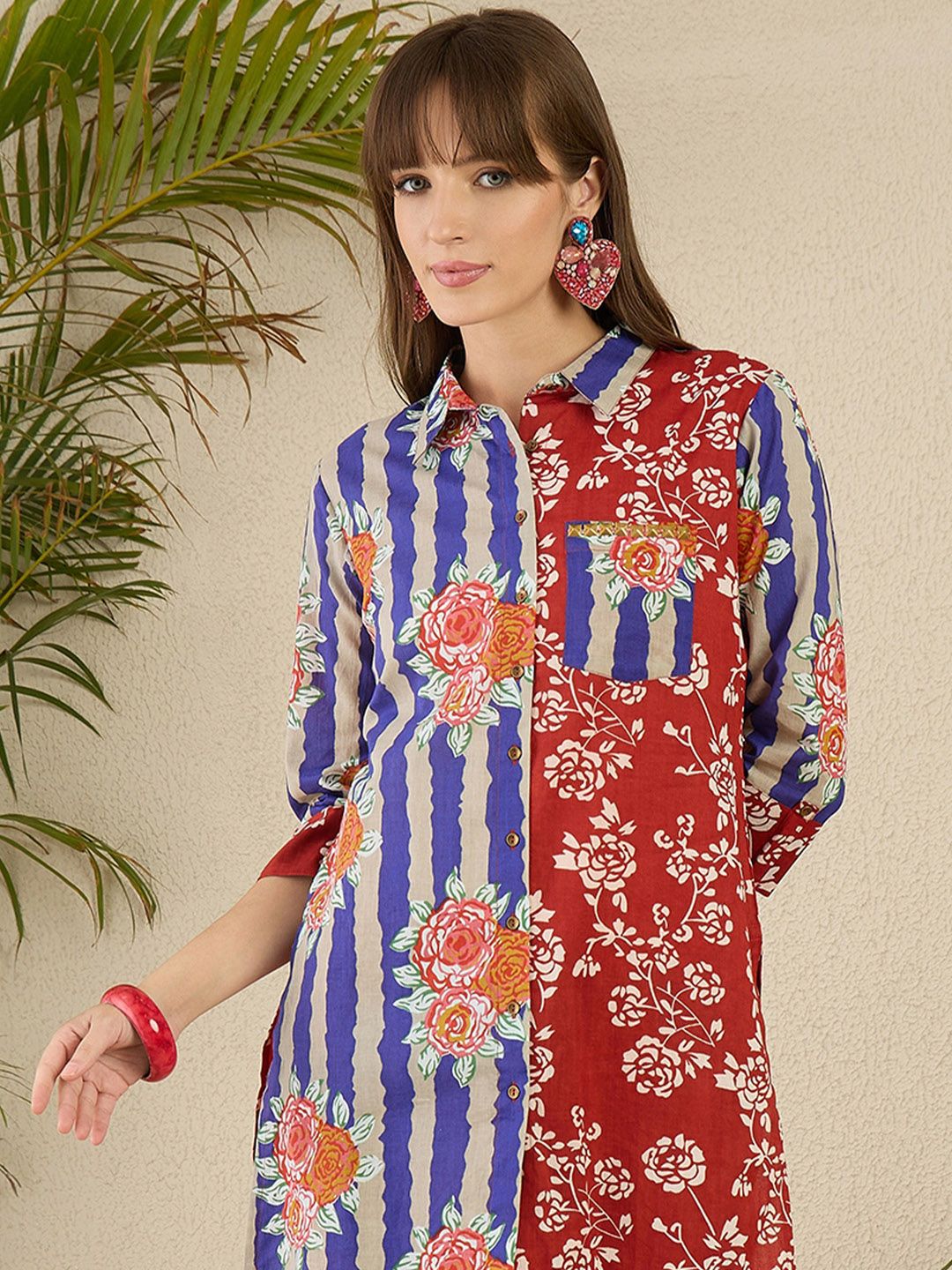 Indyancart IE Printed Pure Cotton Straight Tunic & Trousers Co-Ord Set