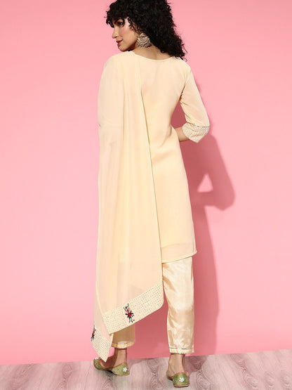Indyancart IE Floral Embroidered Sequinned Kurta With Trouser & Dupatta
