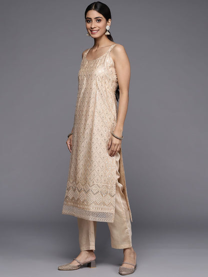 Indyancart VA Women's Beige Sequinned Kurta with Trousers & With Dupatta