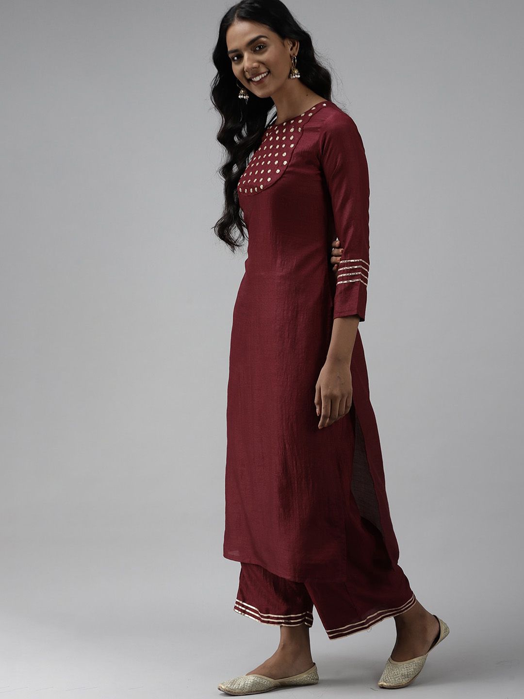 Indyancart IE Embroidered Mirror Work Kurta with Palazzos