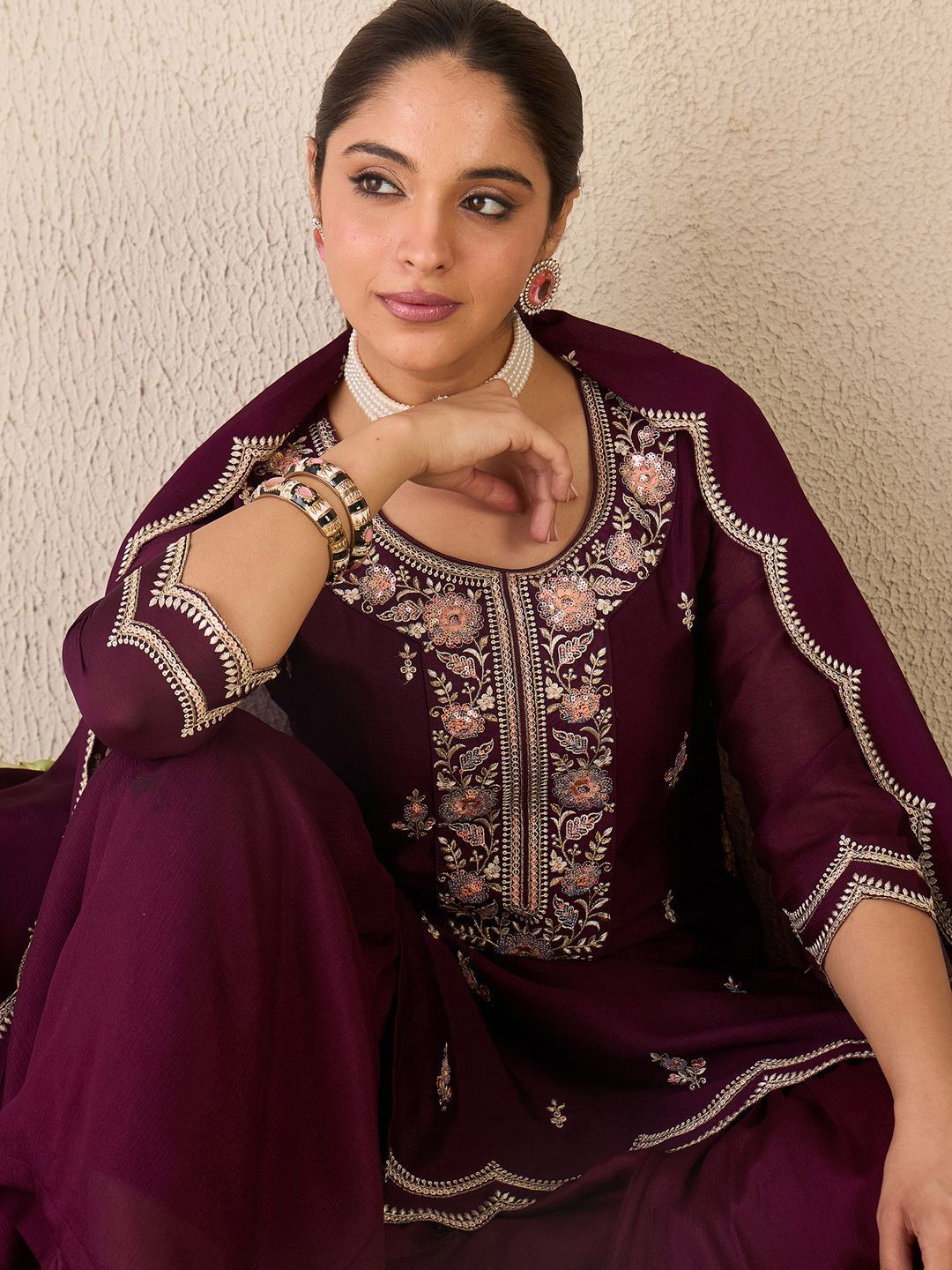 Dhiyona IE Women Ethnic Motifs Embroidered Regular Sequinned Kurta with Sharara & With Dupatta