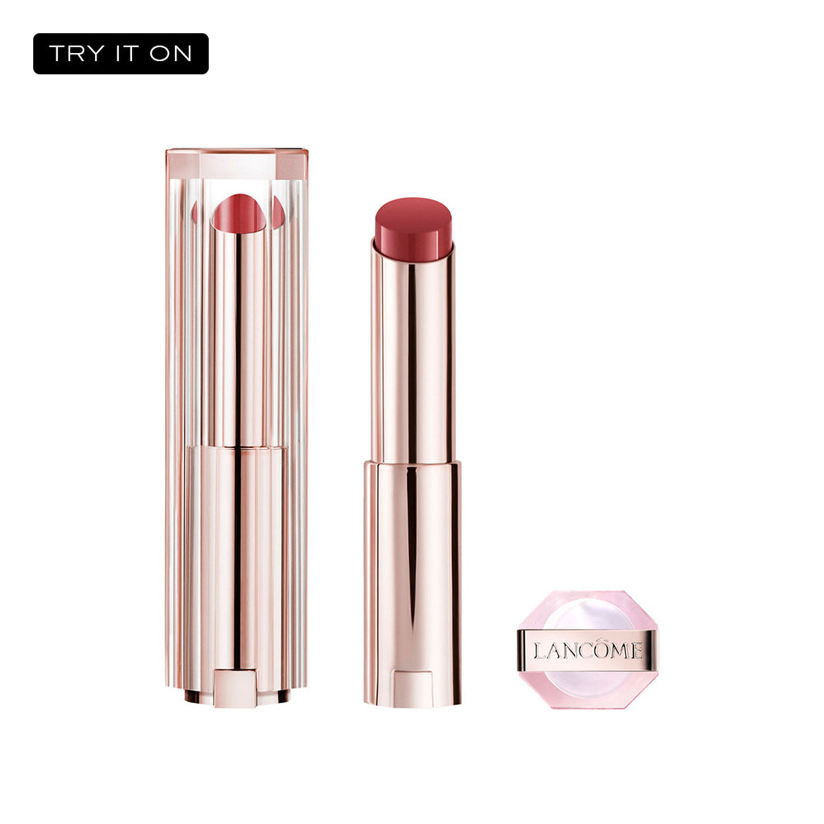 Lancome Lip Idole Butterglow Hydrating Lip Balm in 50 Sheiks Rosy Nude, high-shine balm with a smooth, glossy finish on lips.