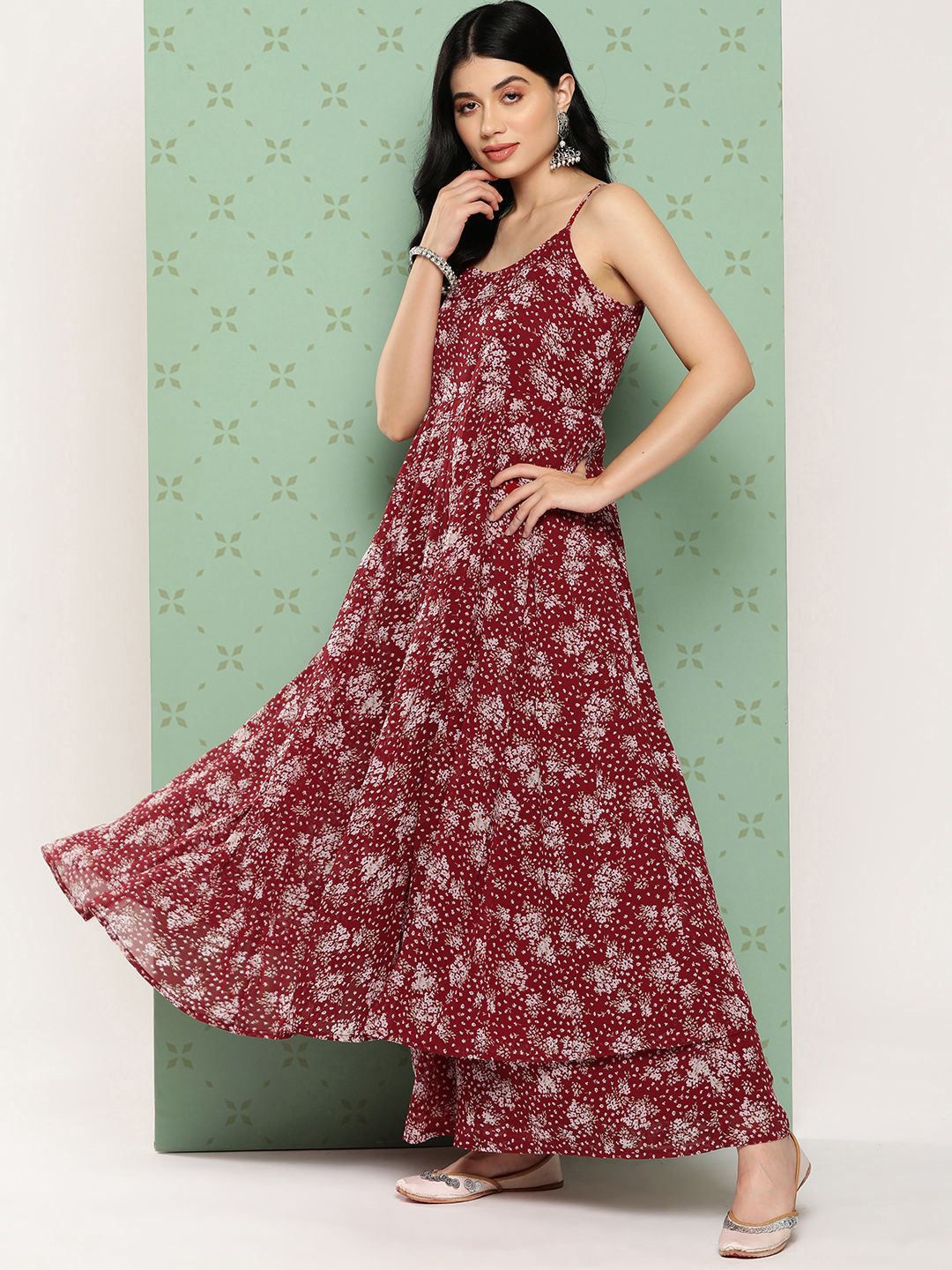 Indyancart VA Women's Floral Printed Panelled Silk Georgette Kurta with Palazzos & With Dupatta
