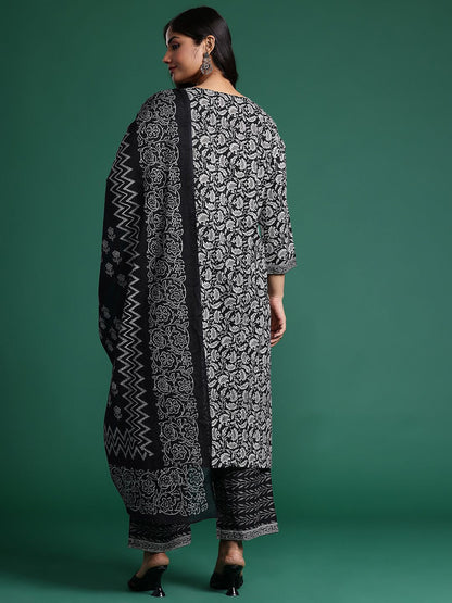 Indyancart Women's Plus Size Floral Printed Pure Cotton Kurta with Trousers & With Dupatta