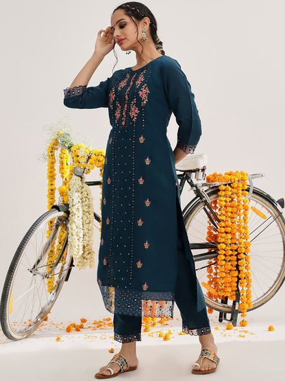 Indyancart VA Women'sEthnic Motifs Embroidered Thread Work Detail Kurta & Trousers With Dupatta