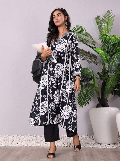 Dhiyona VA Women'sFloral Printed V-Neck Panelled Pure Cotton A-Line Kurta With Trouser